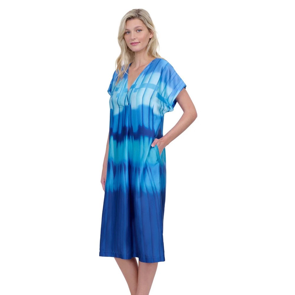 NWT GOTTEX BLUE GOLDEN HOUR V-NECK TUNIC CAFTAN DRESS SWIMSUIT SWIM COVER UP L